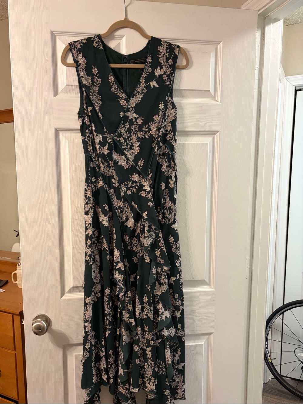BCBGMaxAzria Dark Green Floral Asymmetrical Midi Dress